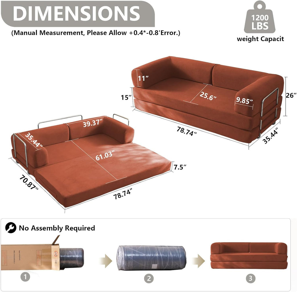 WHGBJA 79' Convertible Sleeper Sofa Bed with Cylindrical Pillow, Corduroy Folding Mattress Couch with Fixed-Shape Frame, Floor Sofa Lounge Couch for Living Room Bedroom Lounge Studio
