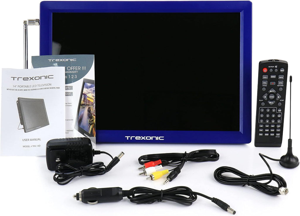Trexonic Portable Rechargeable 14 Inch LED TV with HDMI, SD/MMC, USB, VGA, AV in/Out and Built-in Digital Tuner, Blue