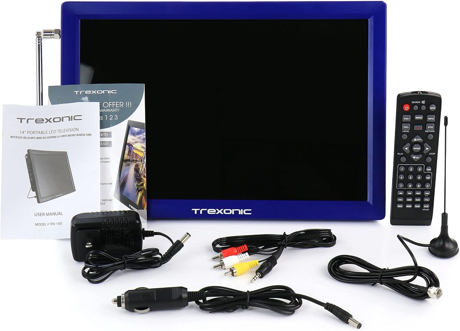 Trexonic Portable Rechargeable 14 Inch LED TV with HDMI, SD/MMC, USB, VGA, AV in/Out and Built-in Digital Tuner, Blue