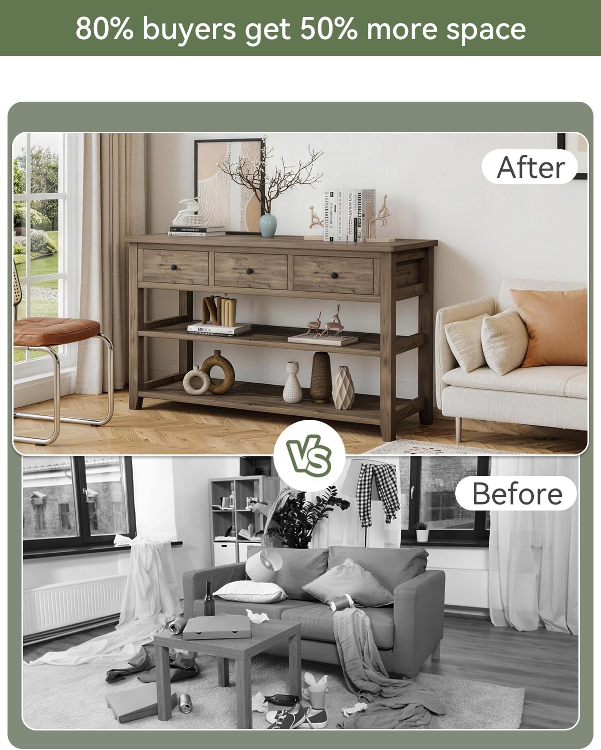 Karl home Console Table with 3 Drawers, 47' Farmhouse Wash Grey Entryway Sofa Table with Silent Slide Rails & Anti-Fall Guardrails for Hallway, Living Room, Foyer, Office