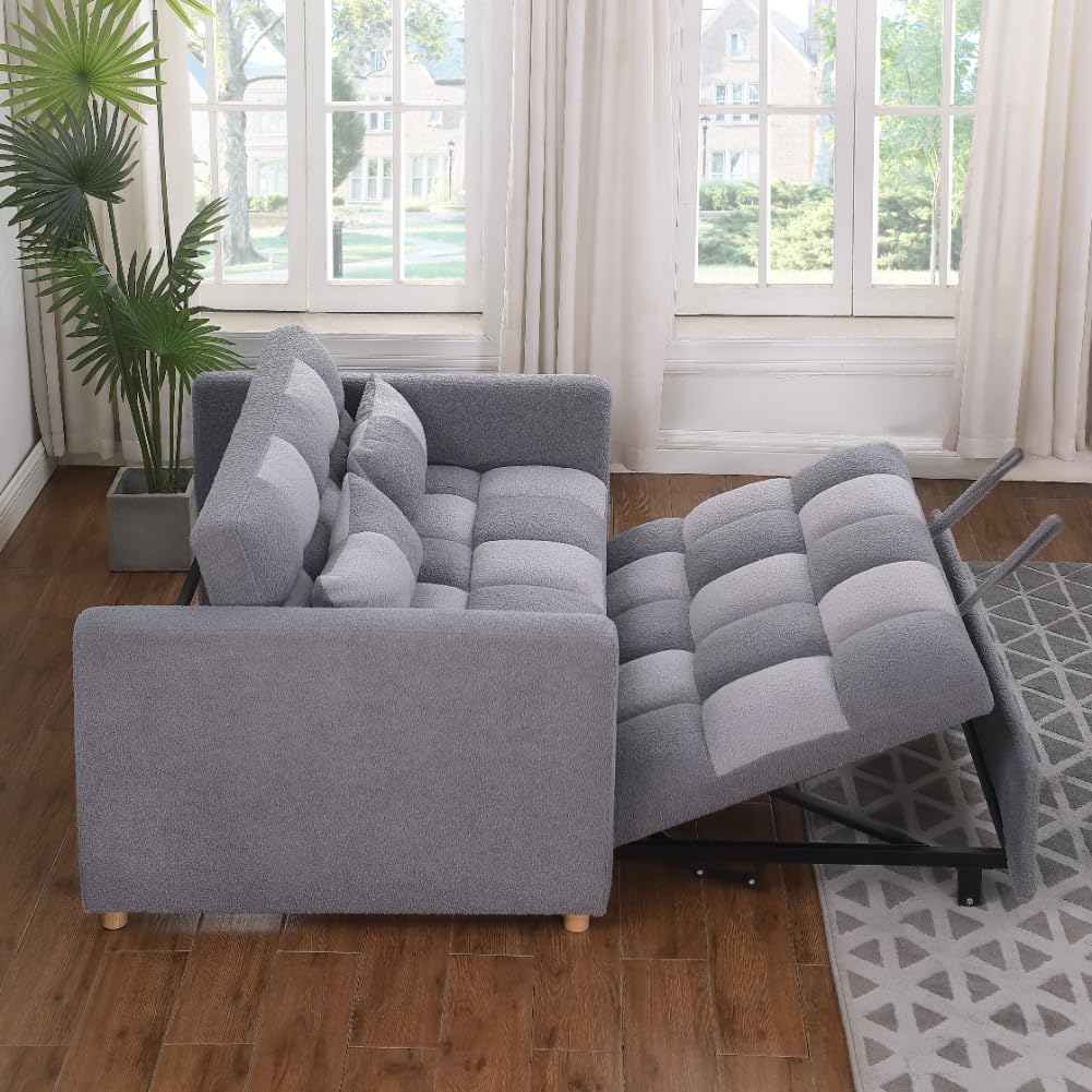 Loveseat Sleeper Sofa- 3 in 1 Convertible Sofa Bed,Pull Out Couch with Adjustable Backrest,Multi-Functional Lounge Chair with Teddy Fabric for Living Room,Small Space (Grey)