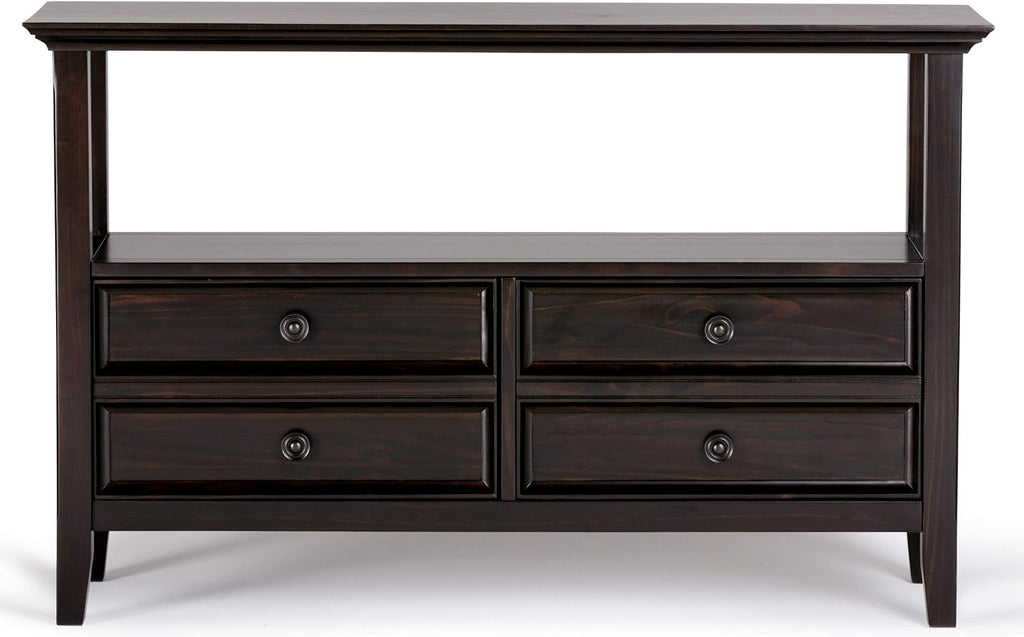 SIMPLIHOME Amherst Console Table - 48 Inch Wide Solid Wood Sofa Table in Hickory Brown, Transitional Storage Table for Entryway or Living Room with 2 Deep Drawers and Large Open Shelf