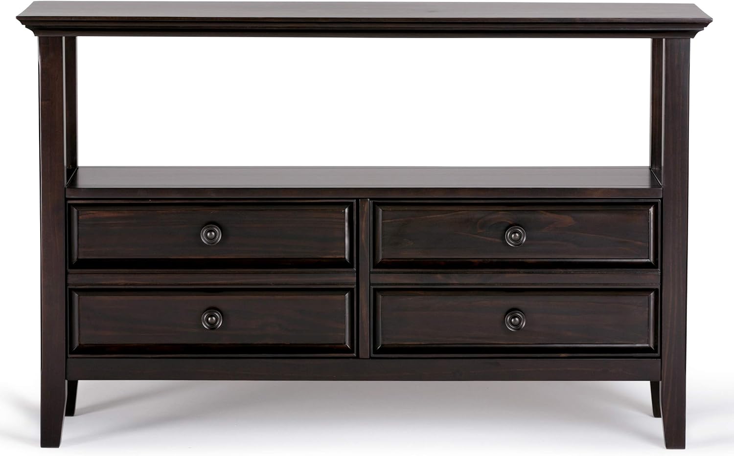 SIMPLIHOME Amherst Console Table - 48 Inch Wide Solid Wood Sofa Table in Hickory Brown, Transitional Storage Table for Entryway or Living Room with 2 Deep Drawers and Large Open Shelf