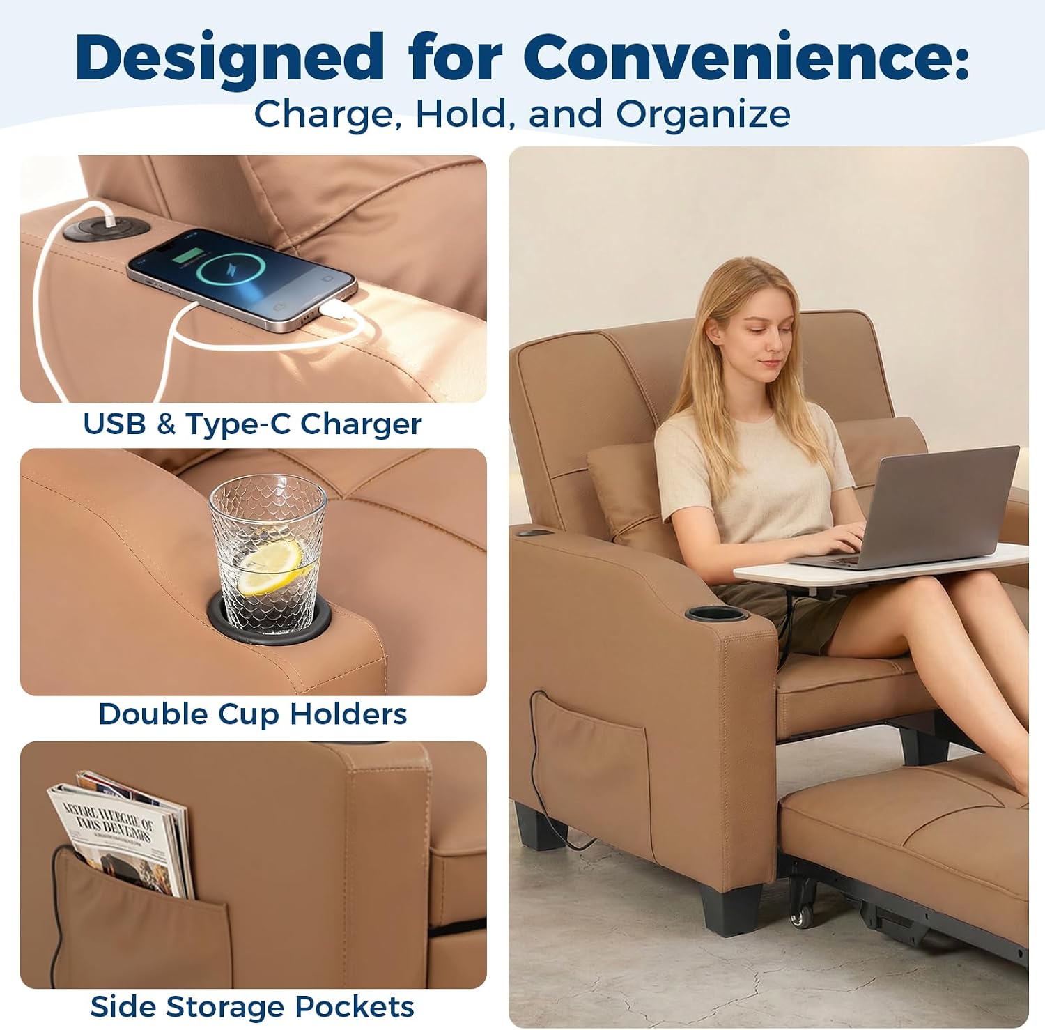 Sleeper Chair Pull Out Bed, 4 in 1 Convertible Sofa Chair Bed with Vibration Massage Lumbar Pillow, Single Sofa Recliner with USB/Type-C Port, Cup Holders and Side Pocket for Small Spaces (Brown)