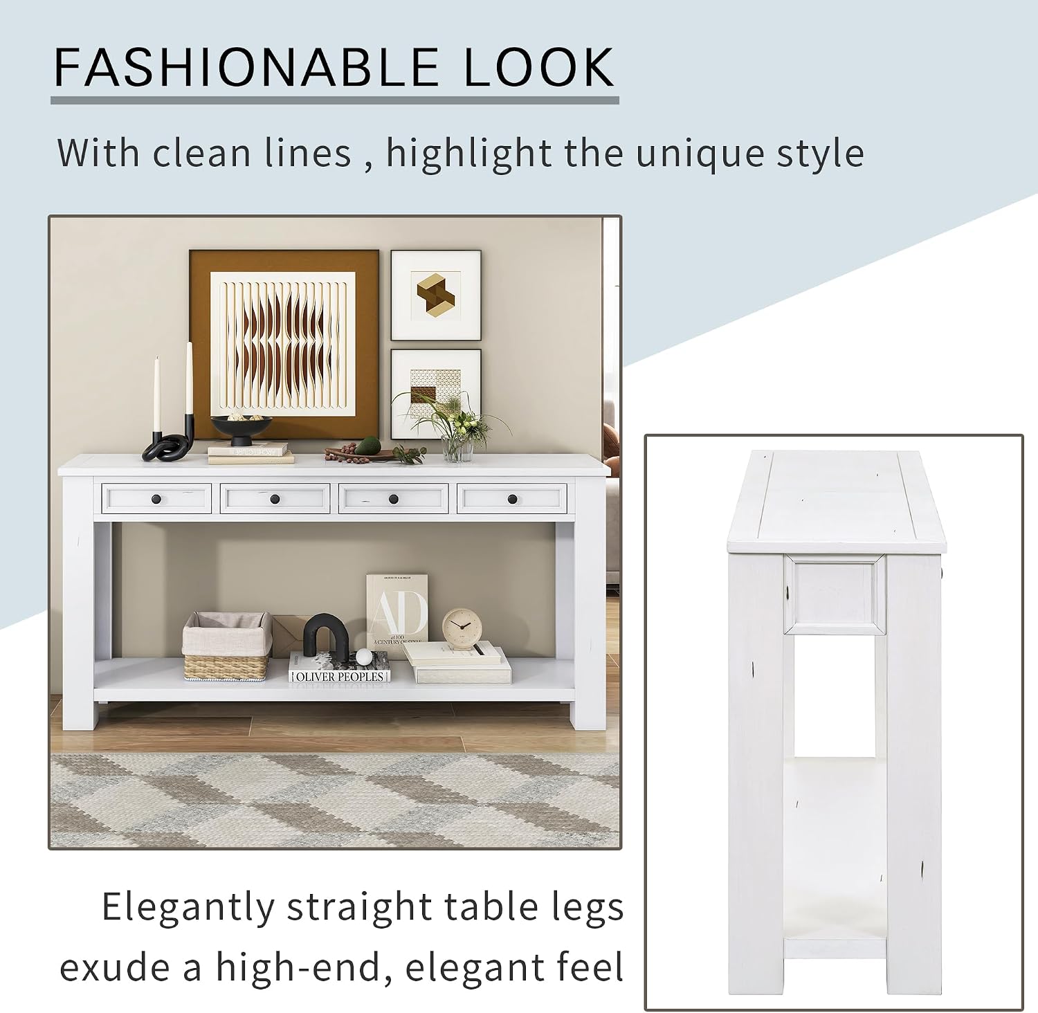 LKTART White Console Table,Solid Wood Sofa Table with 4 Drawers Hallway Table for Storage Entry Foyer Behind Couch Table,Easy Assembled (63' White)