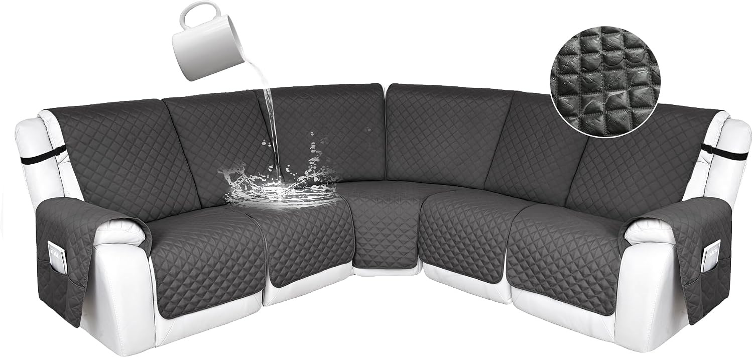HDCAXKJ 100% Waterproof Reclining Sectional Couch Covers L Shape Recliner Sofa Cover Washable Quilted Soft Pet Dog Corner Recliner Slipcovers with Pockets (5 Seat Recliner Couch, Dark Gray)