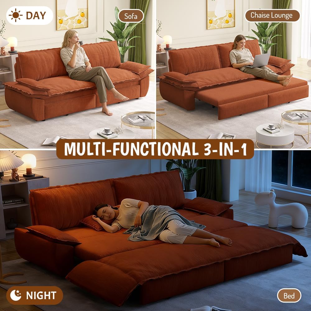 73.2'' Queen Size Sofa Bed, Corduroy Loveseat 3-in-1 Convertible Sleeper Sofa Couch, Pull Out Sofabed, Space Saving, Orange