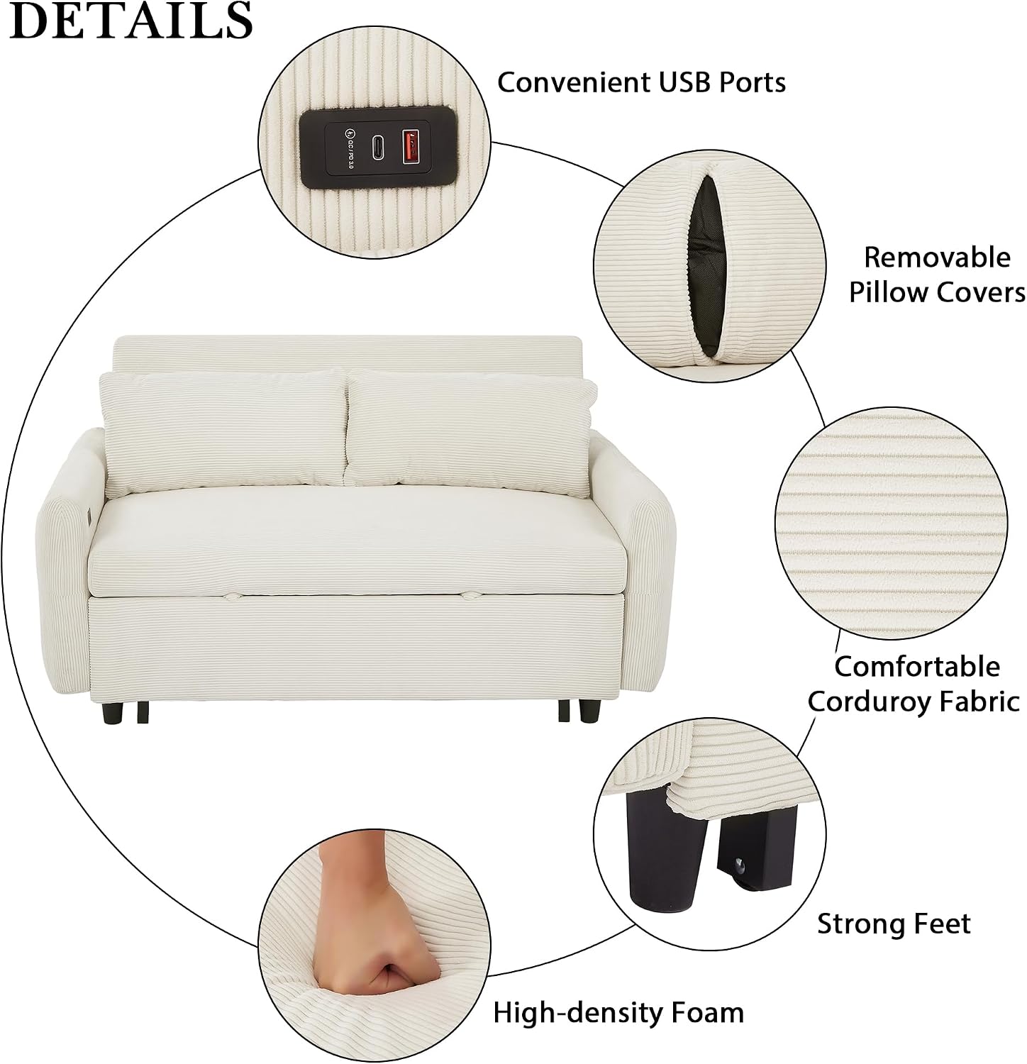 Merax 57.48' Pull-Out Sofa Bed Convertible Couch,2 Seat Loveseat Sofa with 3 Levels Adjustable Backrest,USB Ports and Two Throw Pillows,Modern Corduroy Sleeper Sofa for Living Room(Beige)