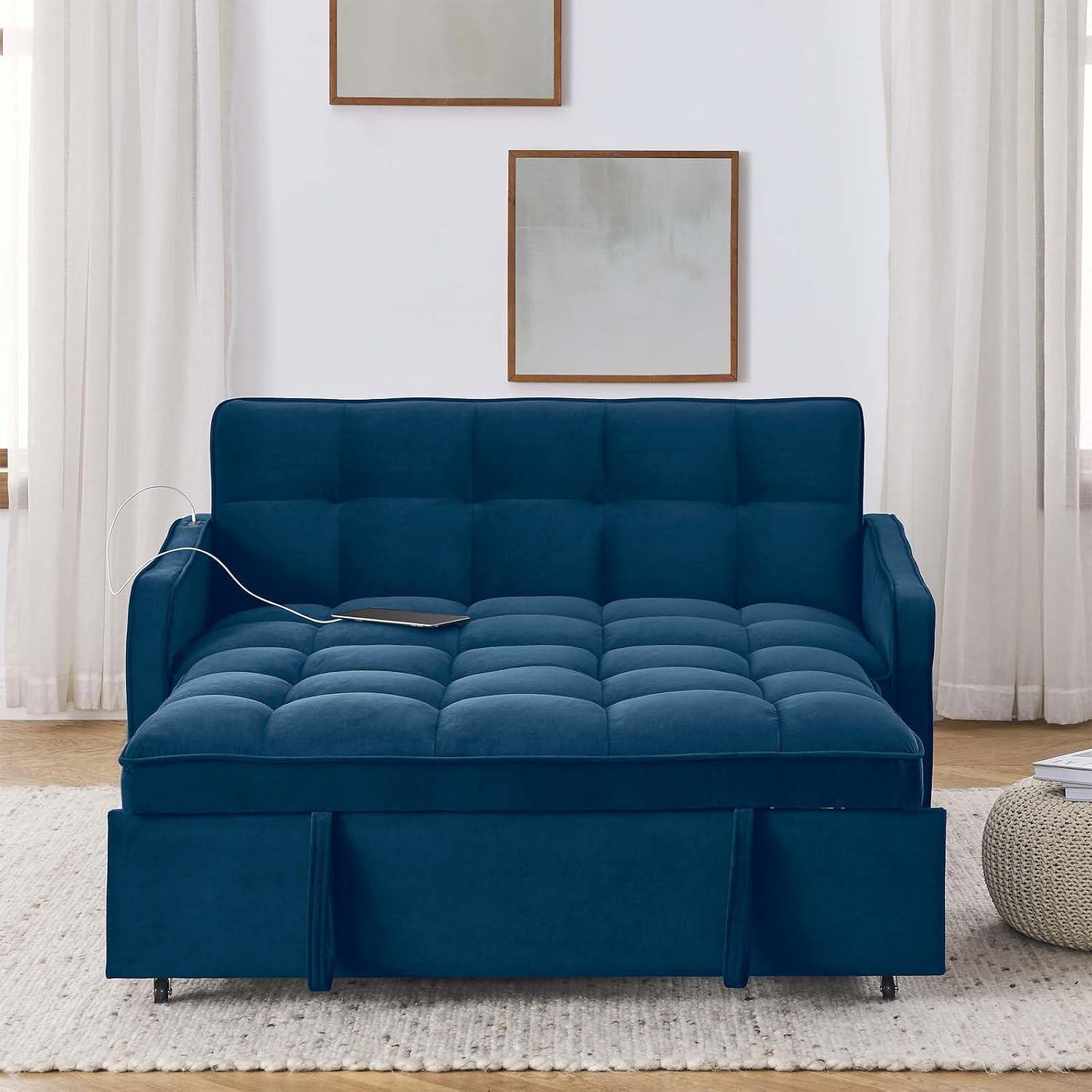 Antetek 3 in 1 Sleeper Sofa Couch Bed with USB & Type C Port, 52' Small Modern Convertible Tufted Velvet Loveseat Sofa w/Pull Out Bed for Living Room Small Space Apartment, Blue