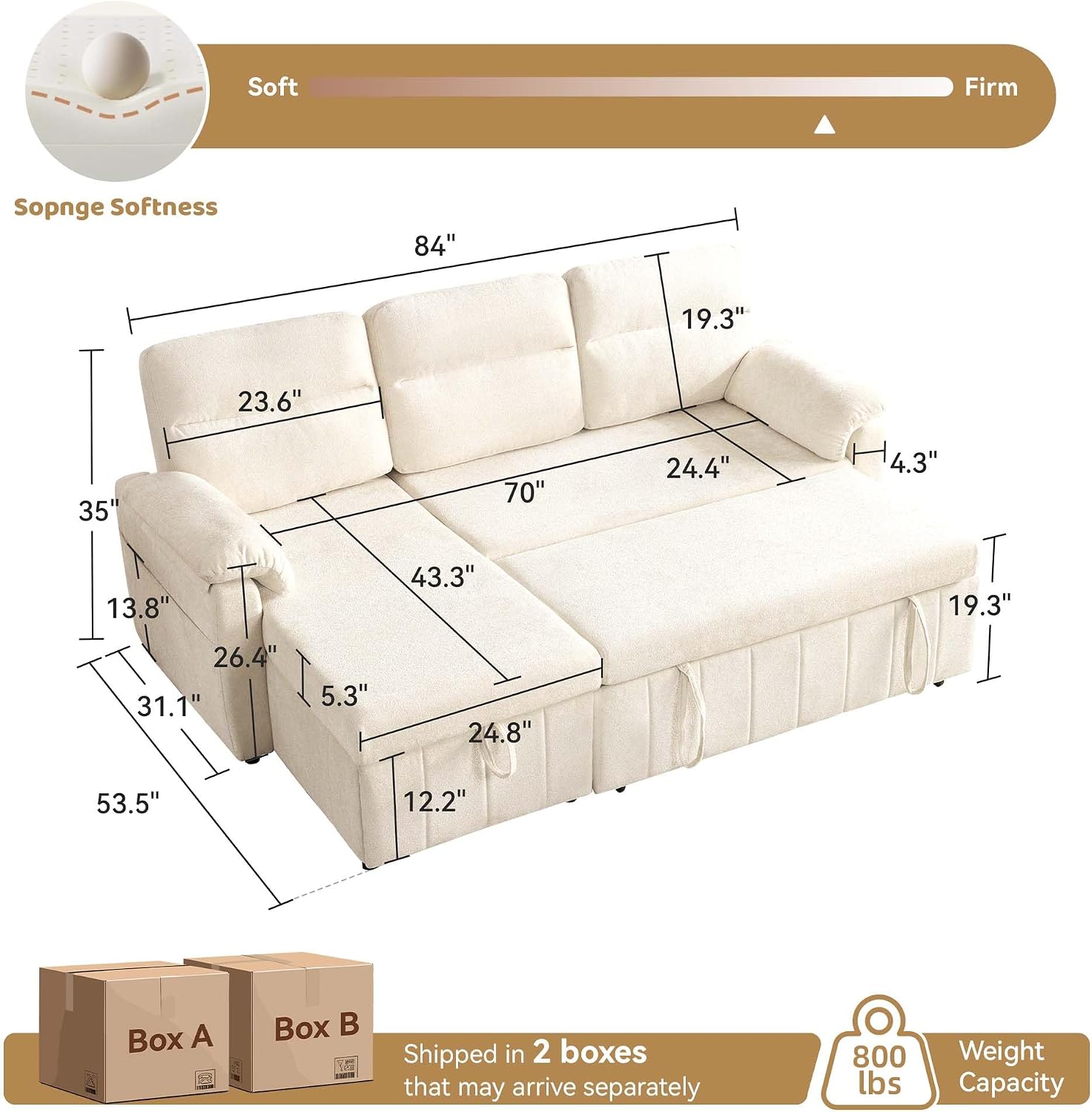 Tbfit 84'' Sleeper Sofa Bed, 3 in 1 Cloud Pull Out Sofa Couch with USB & Storage Chaise, Convertible Sofa Bed with Pull Out Bed, Couches for Living Room, Apartment, Office, White Sherpa