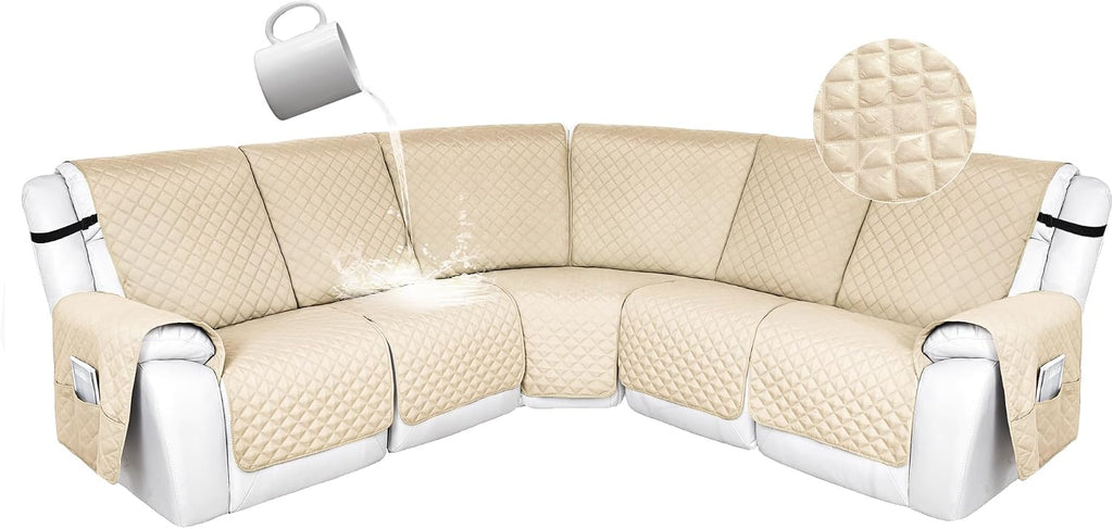 HDCAXKJ 100% Waterproof Reclining Sectional Couch Covers L Shape Recliner Sofa Cover Washable Quilted Soft Pet Dog Corner Recliner Slipcovers with Pockets (XXL 5 Seat Recliner Couch, Light Beige)