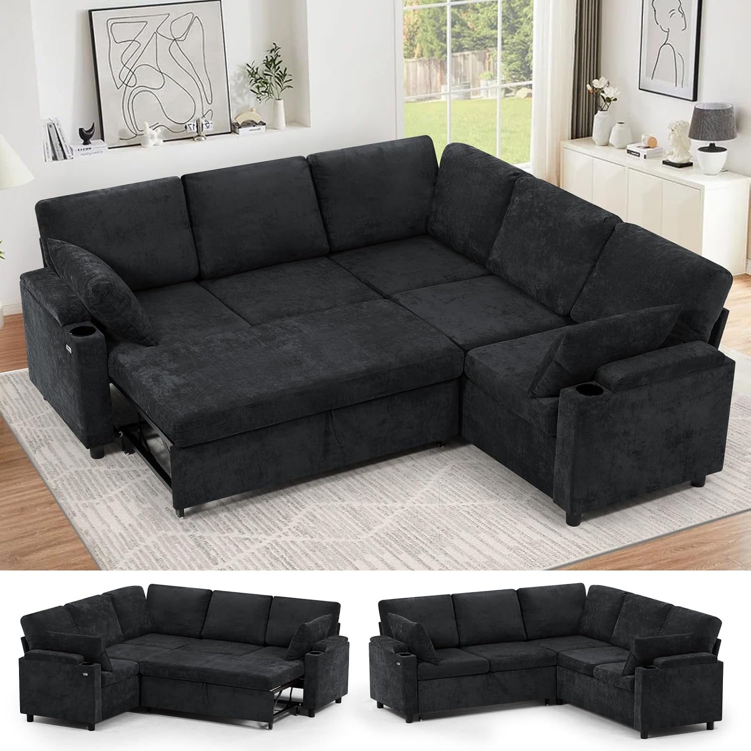 85' Chenille Reversible Sectional Sofa w/Pull Out Bed, Upholstery L Shaped Couch w/Storage Armrests & Cup Holders, Modern Corner Sofa w/USB Charging Port & Throw Pillow for Living Room, Black