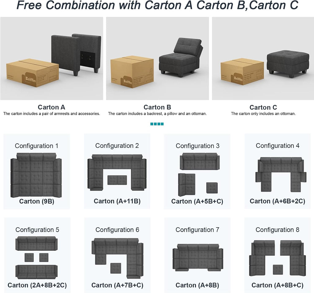 Belffin Modular Sectional Sofa with Storage Sectional Sleeper Couch Modular Sofa Bed for Living Room Dark Grey