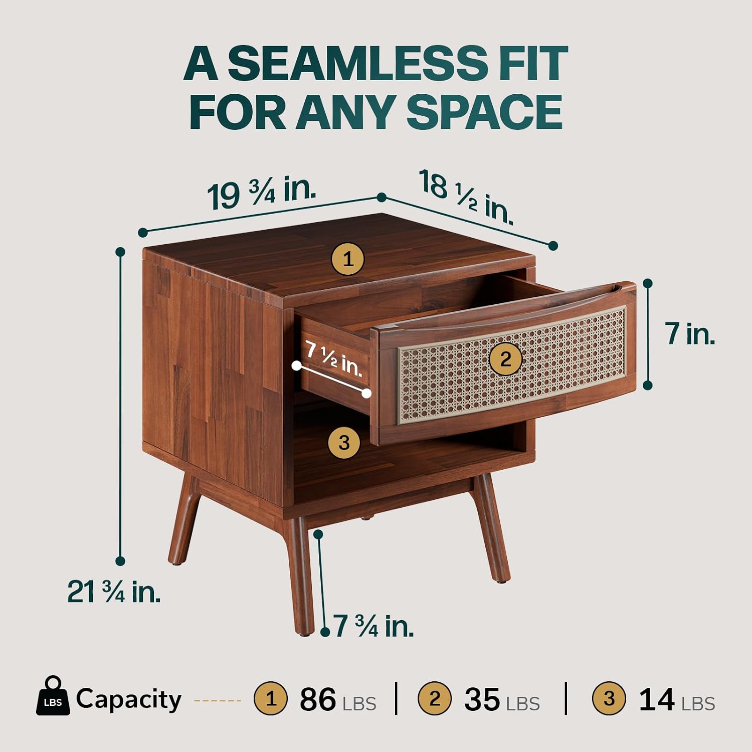 Bme Nancy Side Tables Bedroom, US Patent Pending Design, Acacia Wood Nightstand with Curved Shape and Inlaid Rattan, Nightstand with Drawers, Quick Leg Assembly, Dark Chocolate