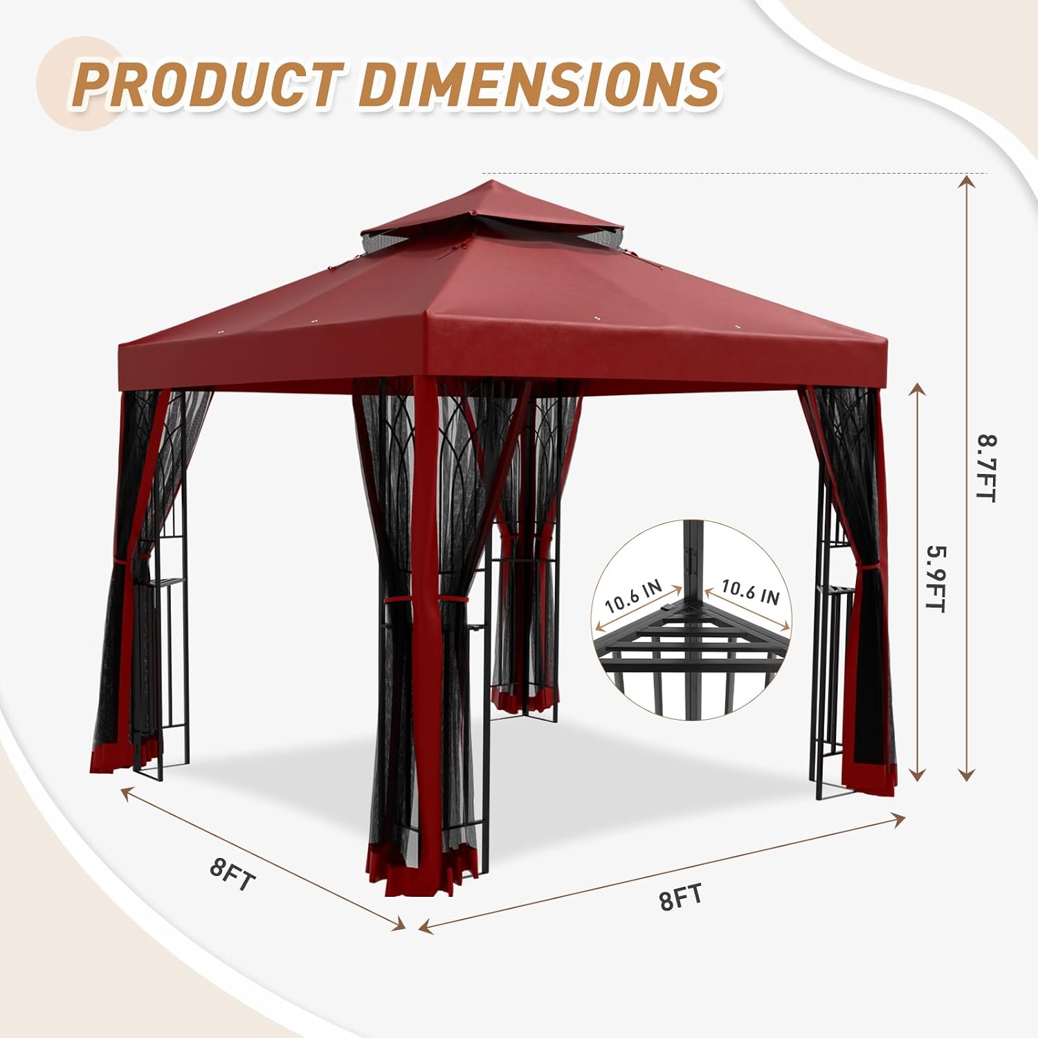 8x8 Outdoor Gazebo Tent with Netting and Corner Shelves, Double Roof Patio Gazebo with Soft Fabric Top, Outdoor Pavilion for Backyard Patio Garden Lawn, Red