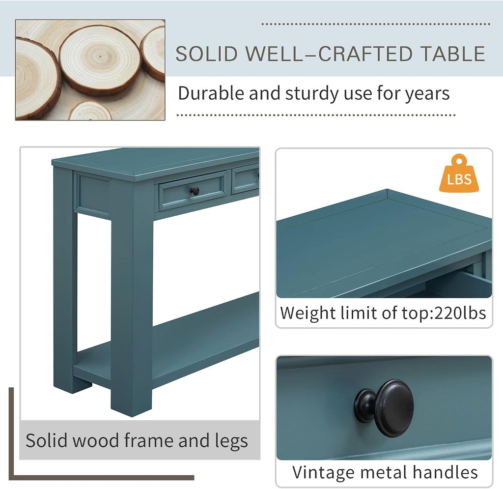 LKTART Solid Wood Console Table,63 in Long Sofa Table Entryway Table with 4 Drawers and Bottom Shelf for Hallway Living Room Couch Table,Easy Assembled (63' Dark Blue)
