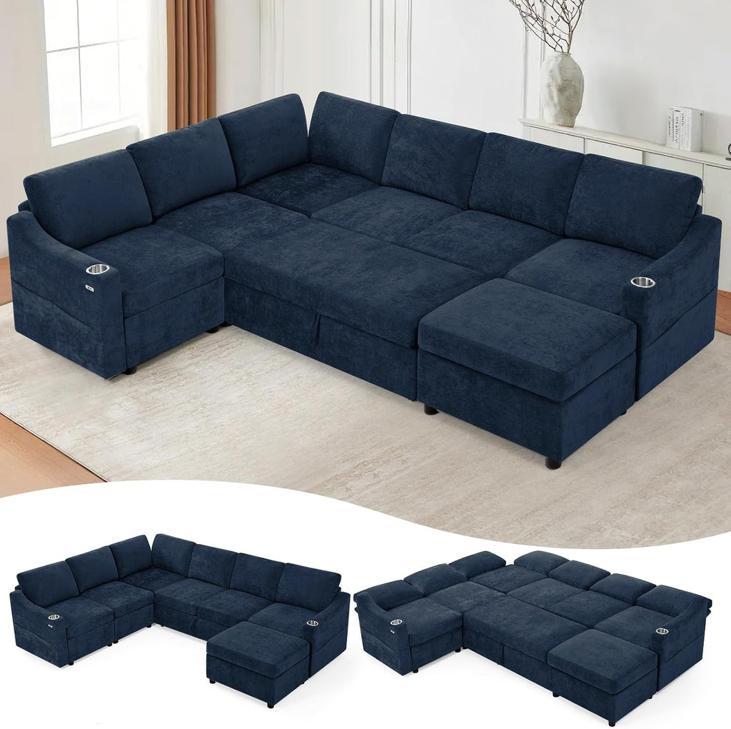 116' Chenille Modular Sofa Bed w/Adjustable Backrests, U-Shape Sleeper Sofa w/USB Ports & Storage Space, Convertible Corner Sectional Couch w/Pull Out Bed for House, Living Room, Blue