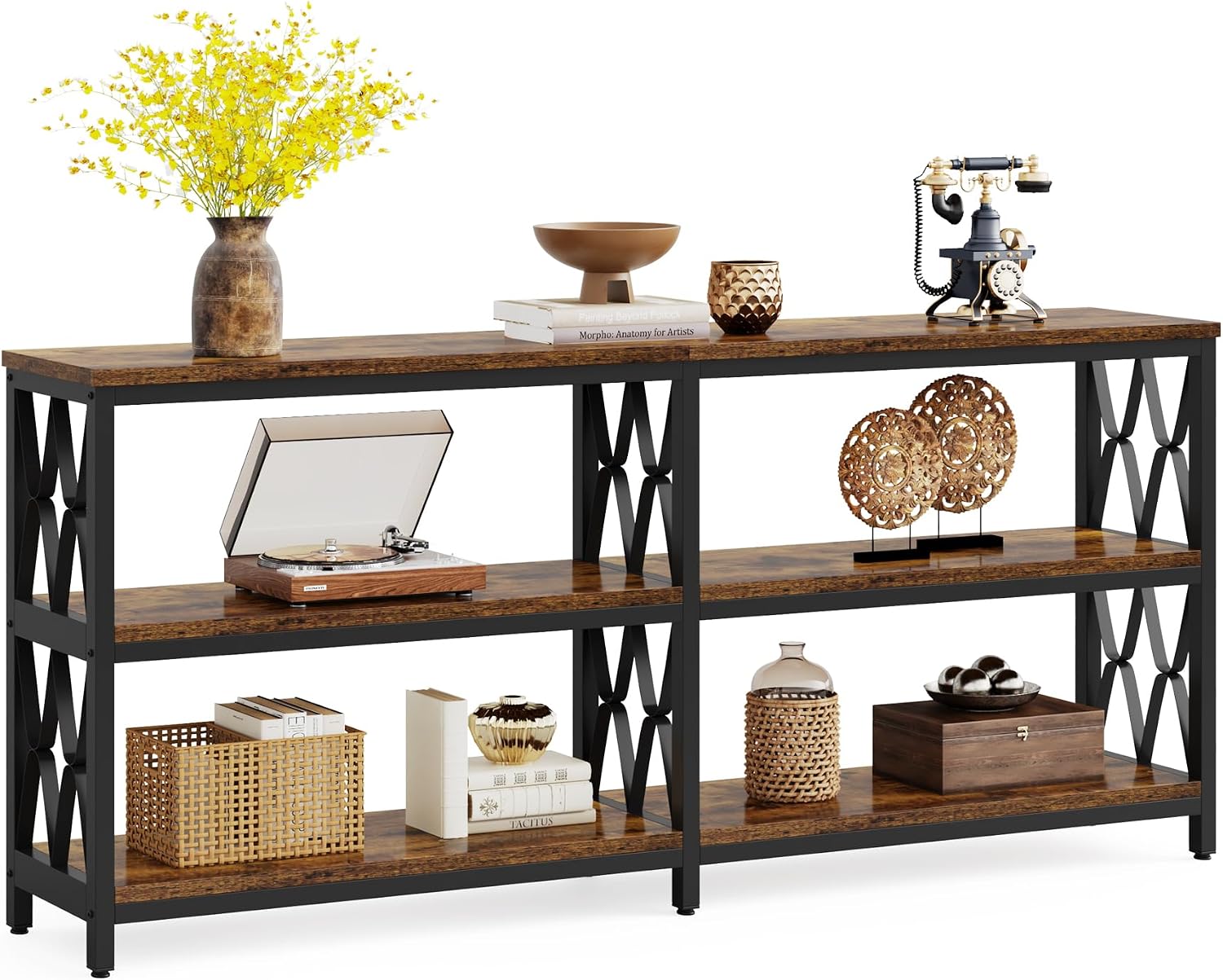 LITTLE TREE Console Table with Storage Shelves, 70.9' Industrial 3-Tier Sofa Table for Living Room, Long Foyer Table Entryway Table for Hallway, Front Door, Entrance, Rustic Brown & Black