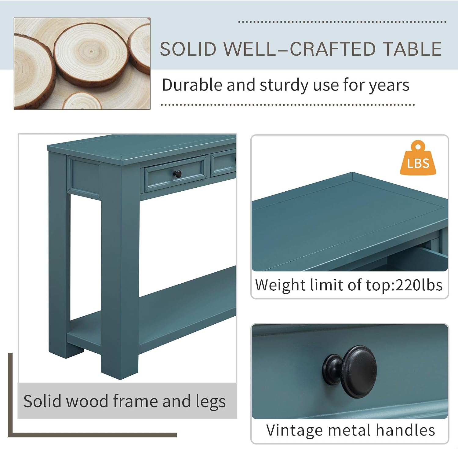 GDFStudio Farmhouse Console Table with 4 Drawer 63' Long Rustic Entryway Table with Open Storage Shelves Vintage Metal Handle Narrow Foyer Sofa Tables for Living Room Entryway Hallway, Dark Blue