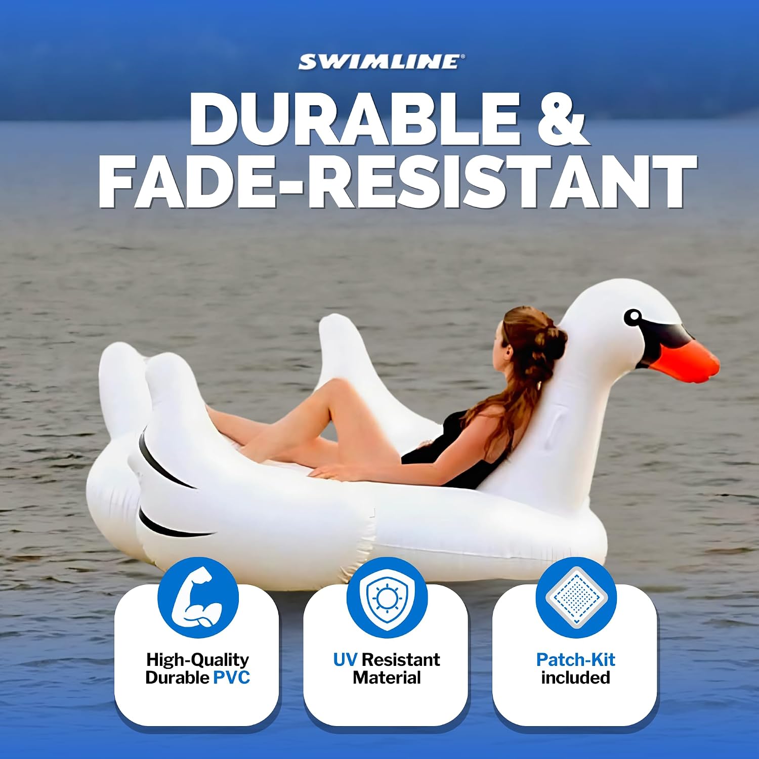 SWIMLINE Original 90621 Giant Inflatable Swan Pool Float Floatie Ride-On Lounge W/Stable Legs Wings Large Rideable Blow Up Summer Beach Swimming Party Lounge Big Raft Tube Decoration Toys Kids Adults
