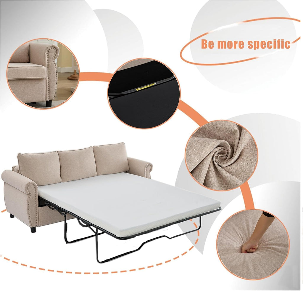 81.5'' Pull Out Couch Queen Size, Convertible Sleeper Sofa Bed, Upholstered Linen 3-Seater Sofa with Pull Out Bed, Mattress, Rivet, Deep Couches for Living Room, Apartment, Beige