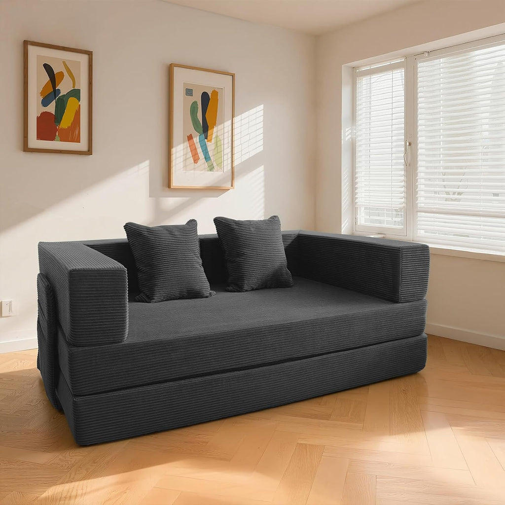 5‑in‑1 Futon Sofa Bed Queen – Floor Foldable Convertible Sofa Couch with L‑Shaped Armrests, Removable Cover, Grey Convertible Guest Bed | Space‑Saving Fold‑Out Mattress Lounge for Living Room/Bedroom