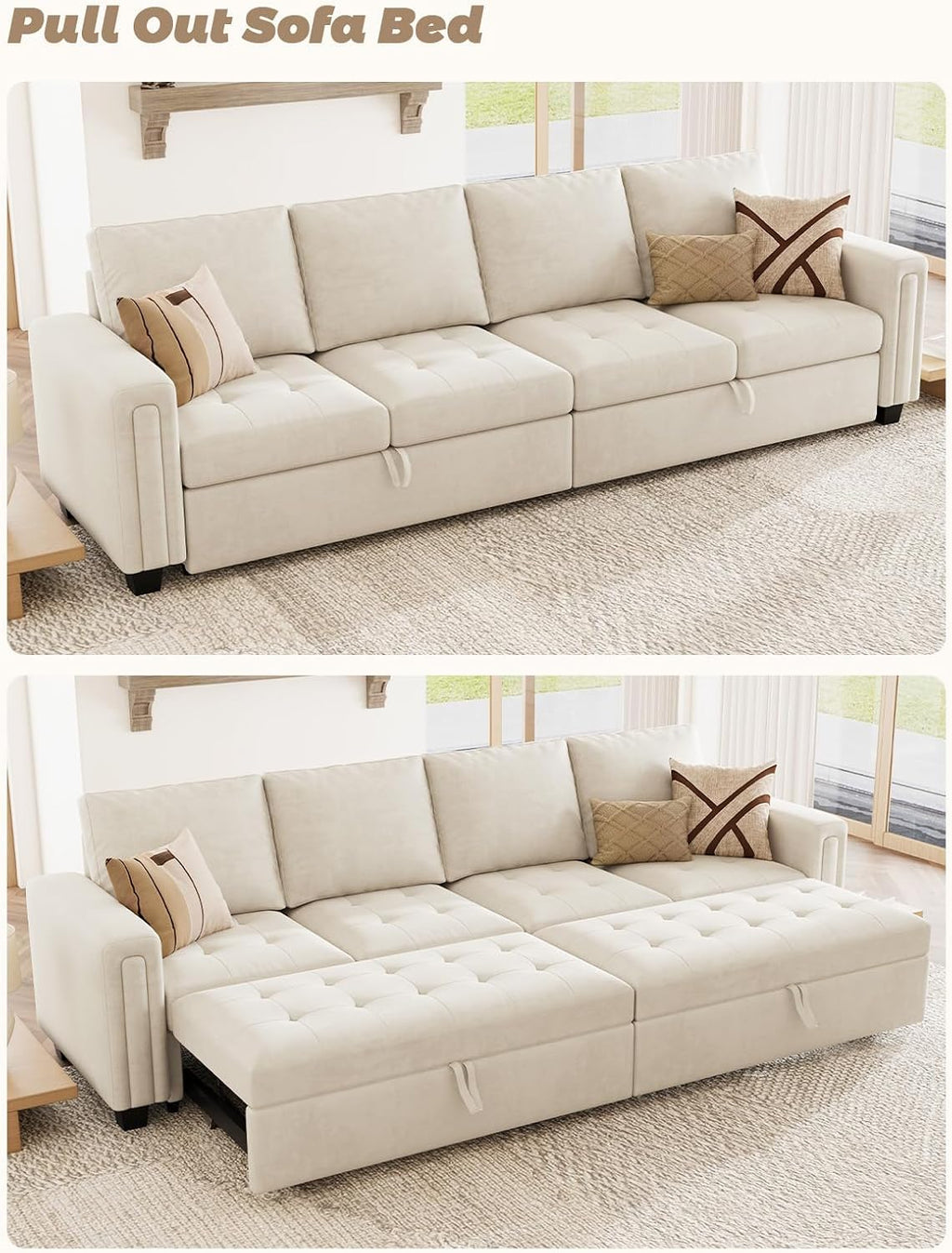 Belffin Modular Sectional Sleeper Sofa with Pull Out Bed Convertible Velvet Sleeper Sofa with Storage Sectional Couches for Living Room Beige