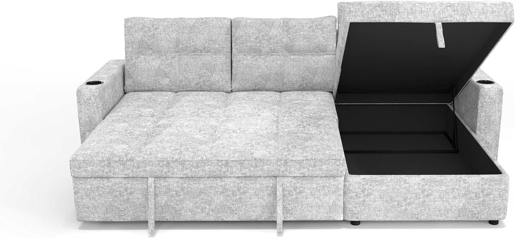 85 inch Large Sleeper Sofa Bed,L Shaped Sectional Couch Bed,2 in 1 Pull Out Couches with Convertible Storage Chaise,USB Charging,Cup Holders and Side Pockets Gray