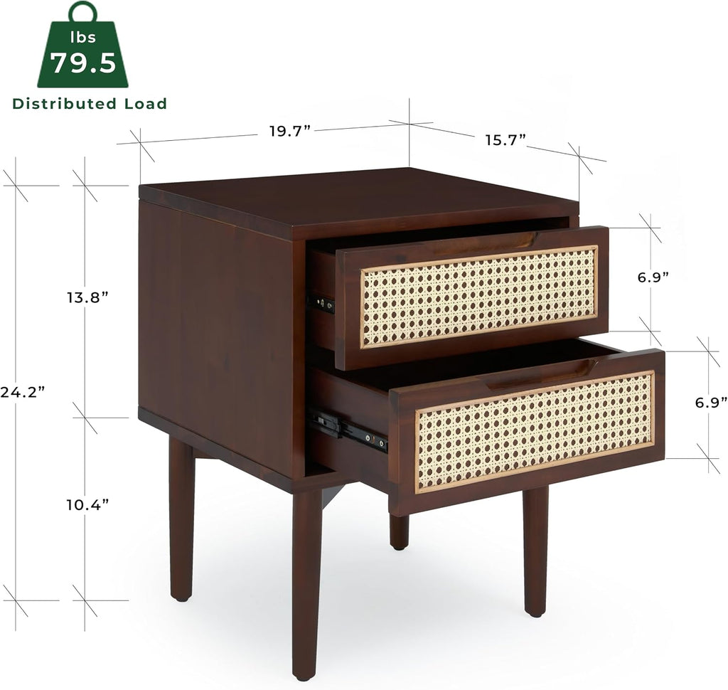 Bme Oliver Solid Wood Rattan Nightstand/Side Table/End Table, Fully Assembled, for Bohemian & Mid Century Style Bedroom and Living Room, Walnut