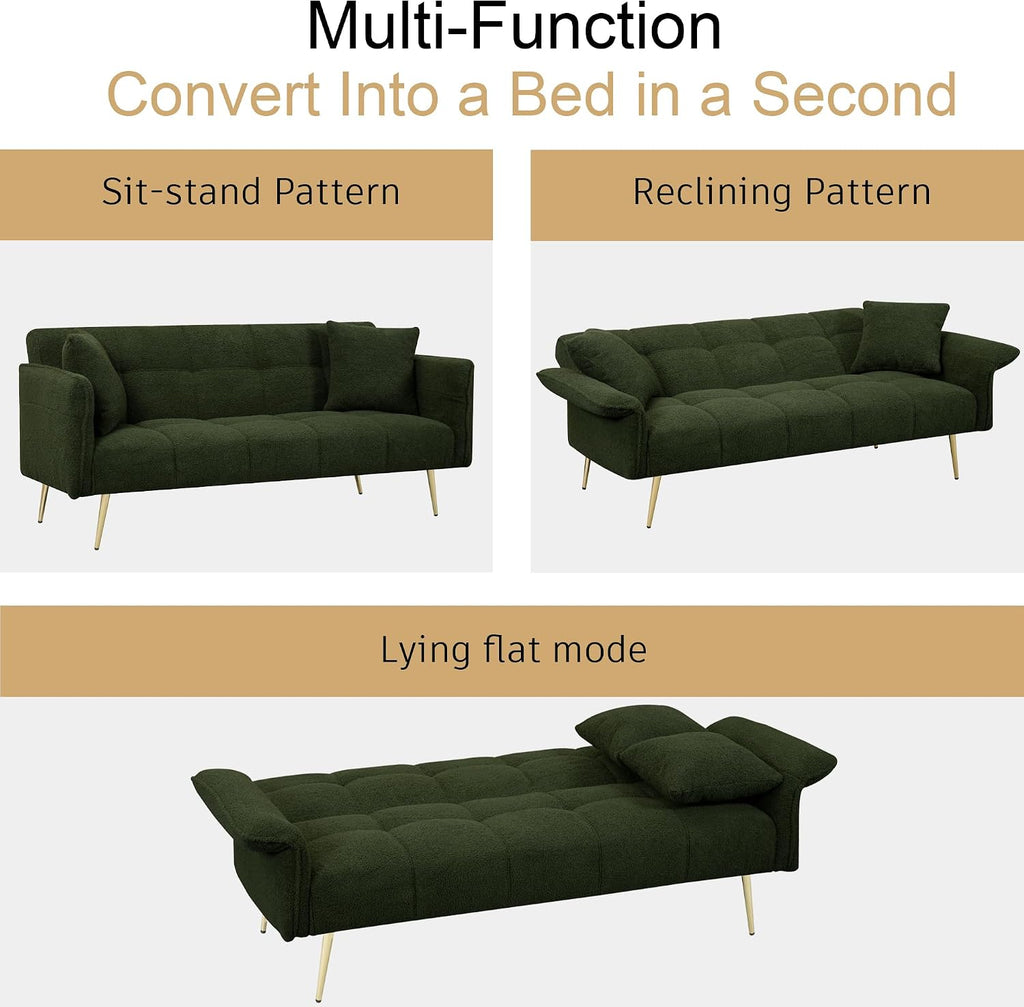 70 inch Upholstered Teddy Fleece Sofabed with Adjustable Arms and Backrest,Modern Convertible Futon Couch W/Metal Legs & Pillows,Love Sofa for Living Room,Bedroom,Apartment,Green, 70'