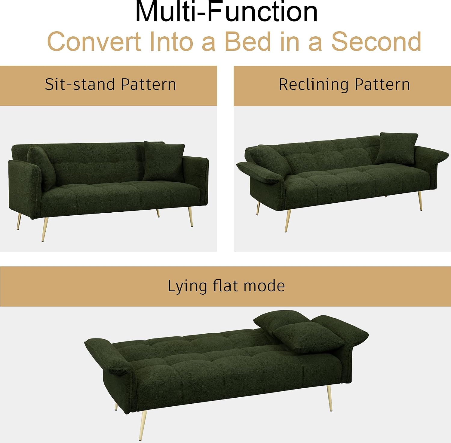 70 inch Upholstered Teddy Fleece Sofabed with Adjustable Arms and Backrest,Modern Convertible Futon Couch W/Metal Legs & Pillows,Love Sofa for Living Room,Bedroom,Apartment,Green, 70'