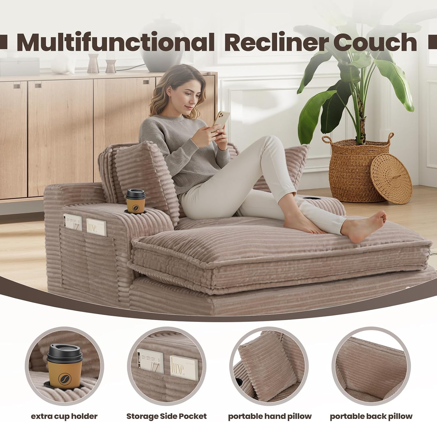 MALOL 67' Chaise Lounge Chair Indoor, Cozy Oversized Fluffy Sofa with Cup Holders & Throw Pillows, Boneless Sleeper Cloud Couch for Living Room, Movie Room and Apartments, Camel