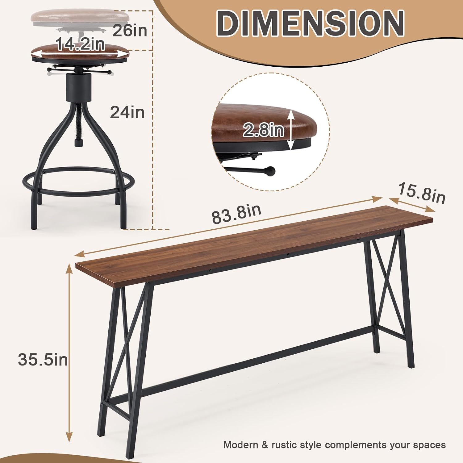 Karl home 83.8' Bar Table and Chairs Set, Sofa Table with 4 PU Stools, High Top Counter Height Table with Chairs for Kitchen Breakfast, Bistro, Dining Room, Living Room, Brown