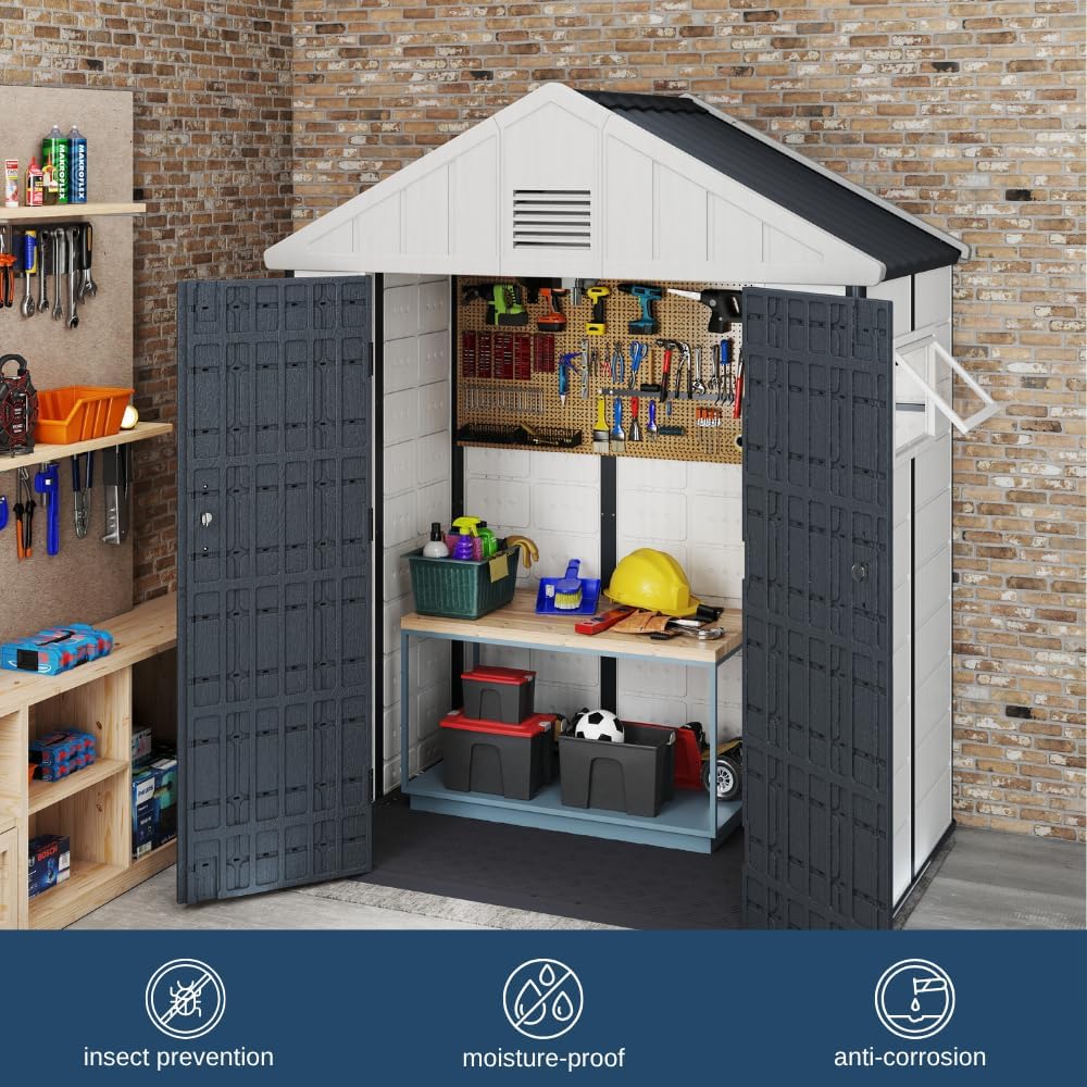 6x4 FT HDPE Resin Outdoor Storage Shed with Reinforced Floor, Injection-Molded Plastic Garden Bike Tool Shed, All-Weather Resistant, Lockable Doors & Window for Backyard Patio