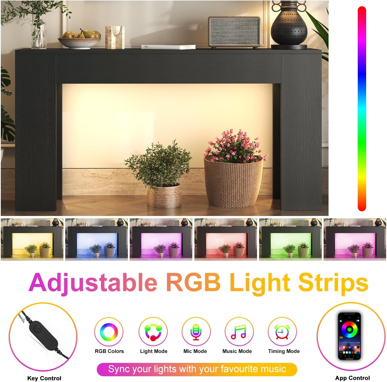 knoworld 63-Inch Long Console Table with LED Light, Farmhouse Sofa Table Behind Couch, Wooden Console Table for Entryway Hallway Entrance Living Room, Black