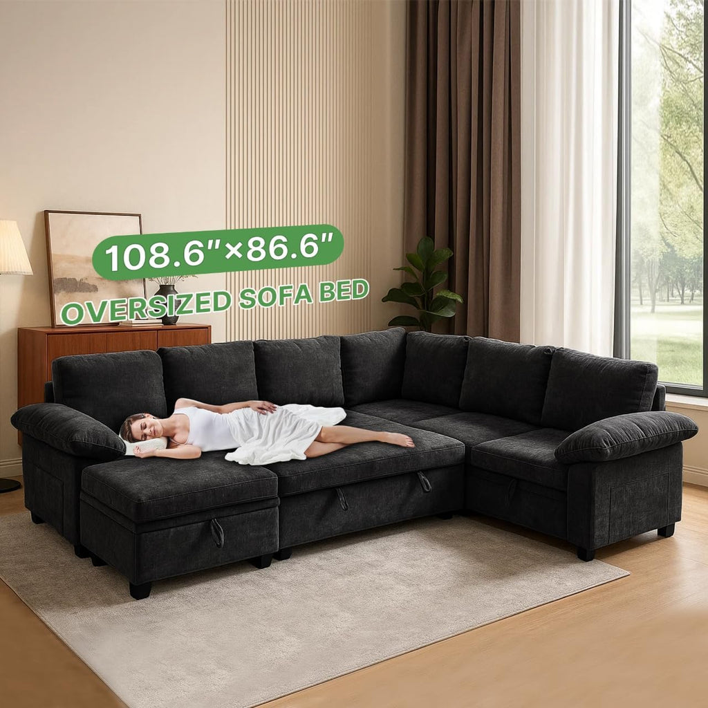 Modular Sectional Sofa Sectional Couches for Living Room with Pull Out Bed Sleeper Sofa L Shaped with Storage, Convertible Sofa Bed with Removable Sofa Cover(7 Seats Black)