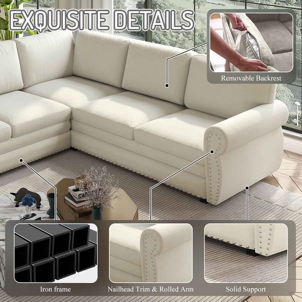 118'' Sleeper Sofa Bed, Convertible Pull Out Couch, Upholstered Sectional Sofa, Chenille L-Shaped Couch with Nailhead Trim, 6-Seater Modern Sectional Couches for Living Room, Apartment, Beige