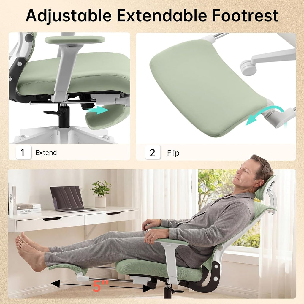 Foldable Office Chair with Foot Rest, Ergonomic Office Chair with Adjustable Lumbar Support, Headrest, Armrest, Home Office Desk Chair for Space Saving, Work from Home, Green