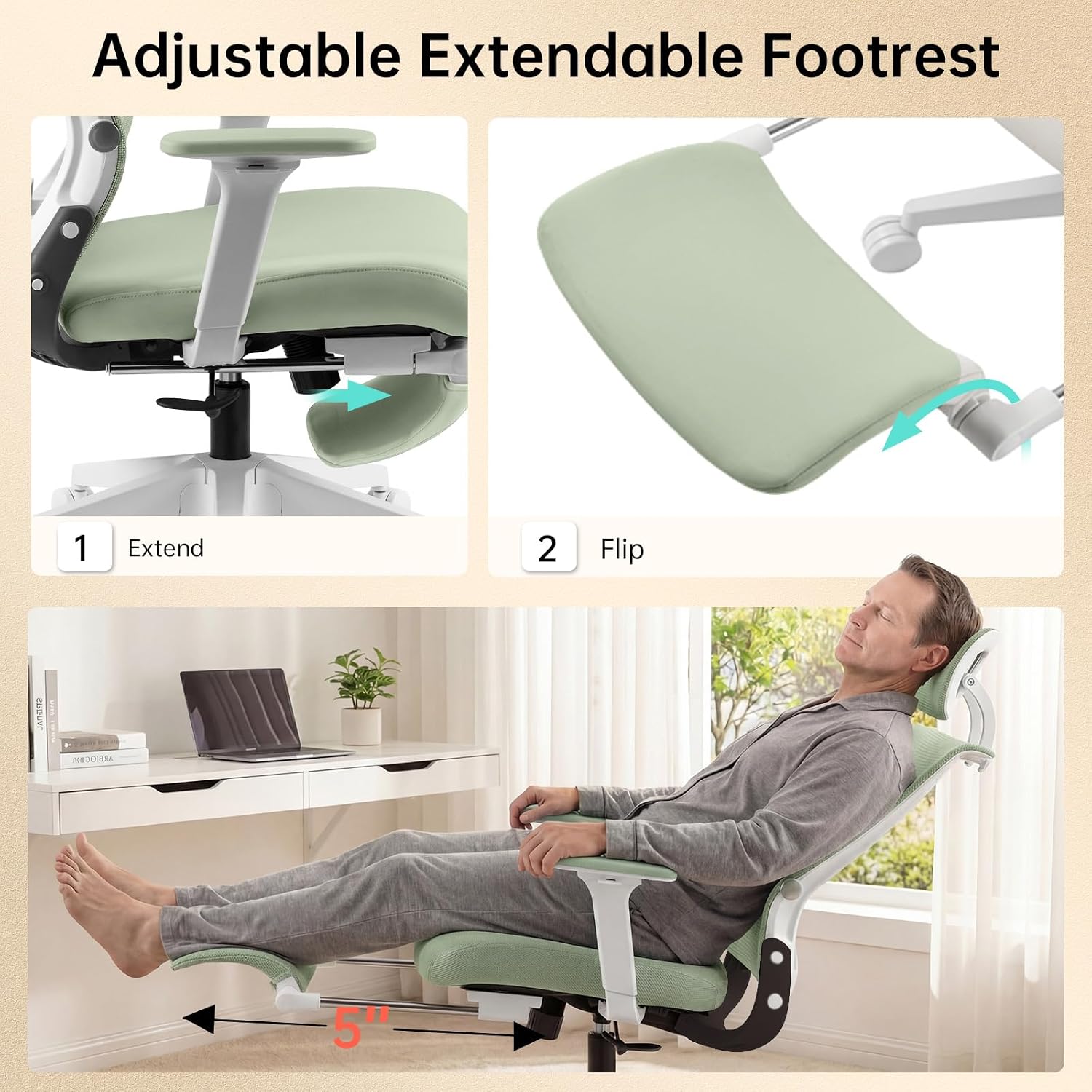 Foldable Office Chair with Foot Rest, Ergonomic Office Chair with Adjustable Lumbar Support, Headrest, Armrest, Home Office Desk Chair for Space Saving, Work from Home, Green