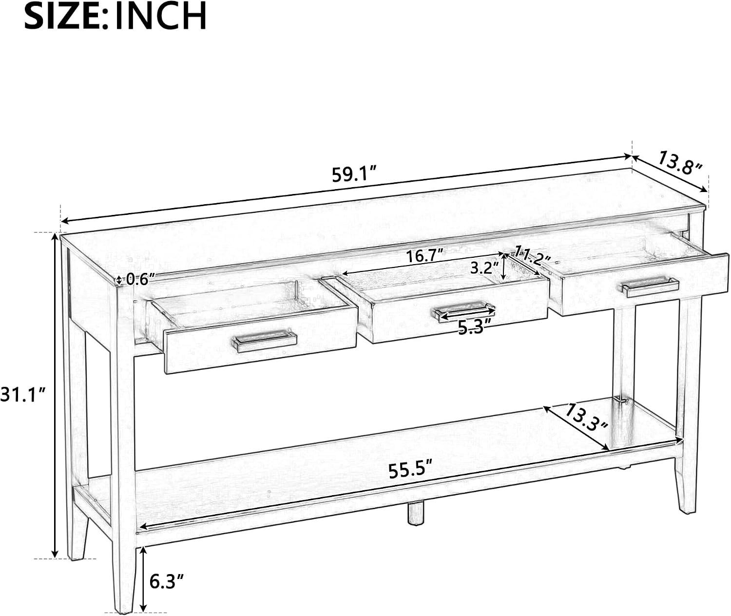 Merax Entryway Console Table, with 3 Storage Drawers, Bottom Shelf Design/Wood Frame/Behind Couch & Sofa, Grey