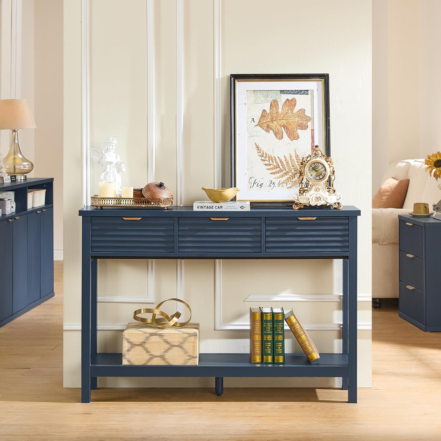 LEYAOYAO Fluted 47.2' Console Table with 3 Drawers, Modern Wood 2 Tier Entryway Table with Open Storage Shelf, Sofa Entry Tables Behind Couch for Living Room, Hallway, Entrance Foyer, Dark Navy Blue