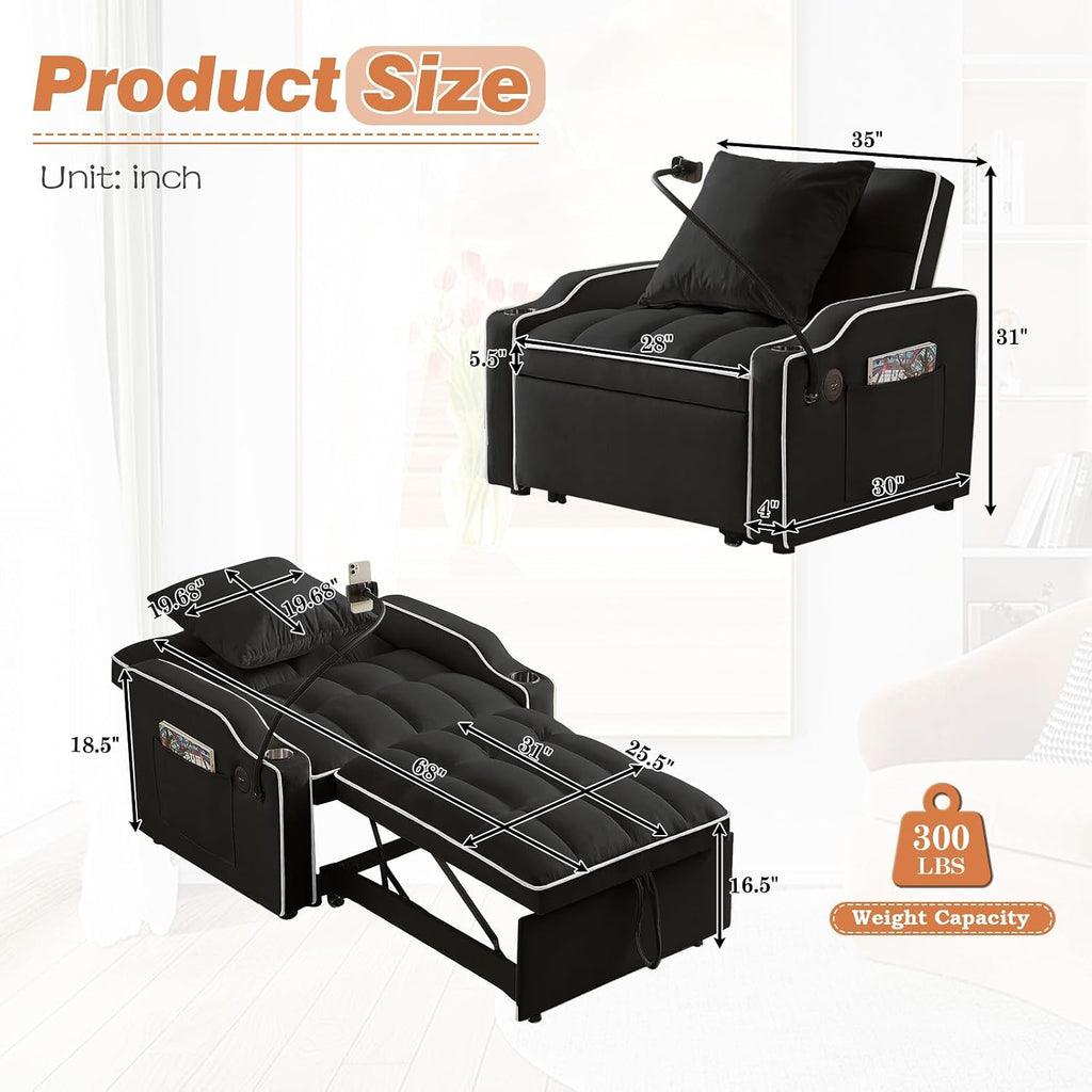 Sleeper Sofa Chair Bed with Charging Ports & Phone Holder & Cup Holder, Modern Velvet 3 in 1 Convertible Pull Out Single Sofa Chair Bed for Small Spaces Apartment, Black