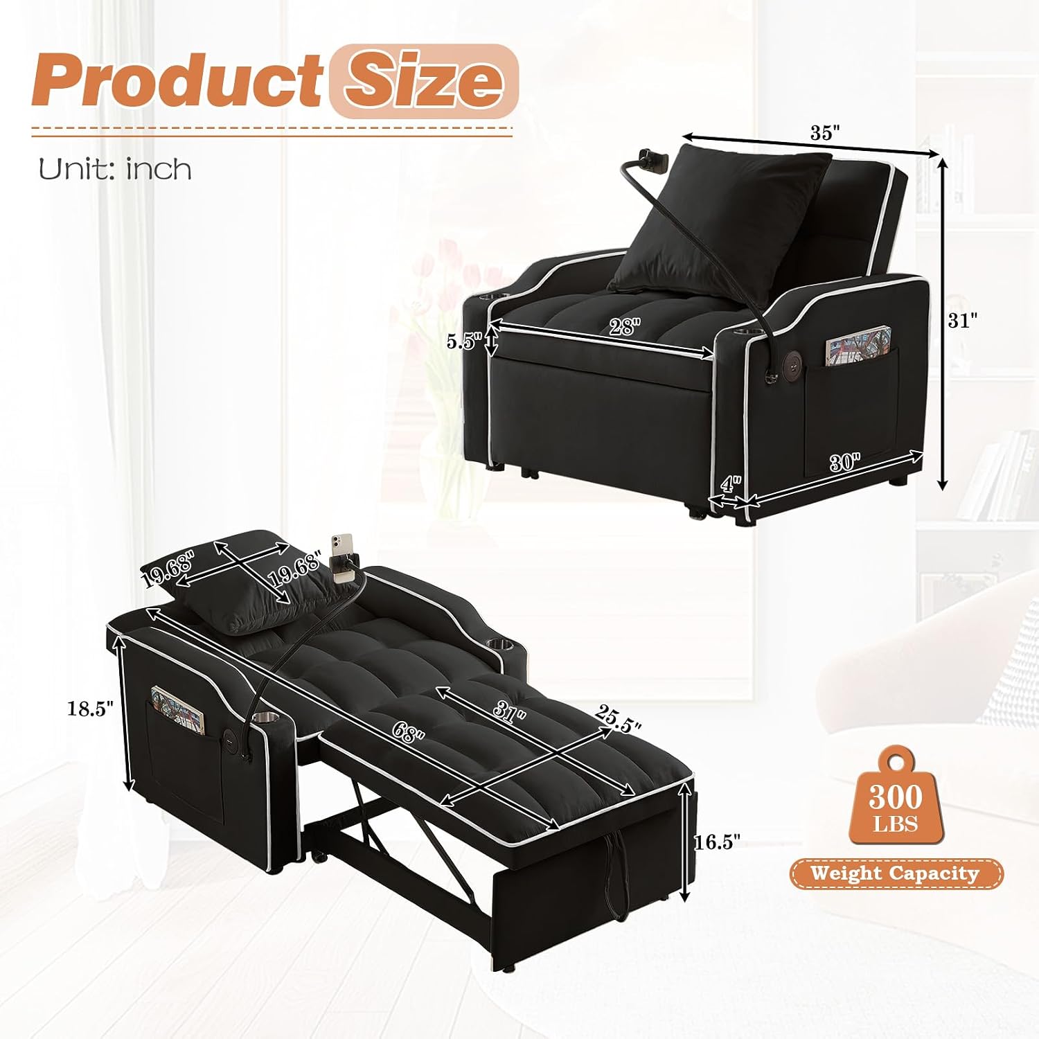 Sleeper Sofa Chair Bed with Charging Ports & Phone Holder & Cup Holder, Modern Velvet 3 in 1 Convertible Pull Out Single Sofa Chair Bed for Small Spaces Apartment, Black