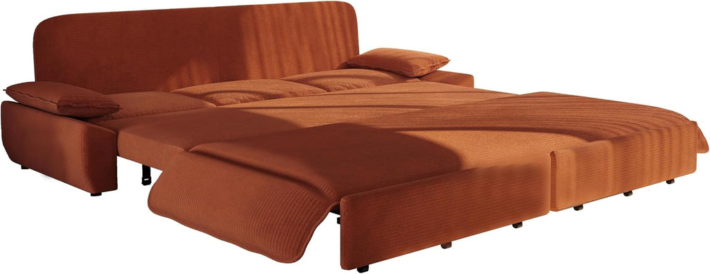 94.5' Pull Out Couch King Size, Futon Sofa Bed, 3-in-1 Convertible Sleeper Sofa Bed with Cushion Armrest, Modern Corduroy Loveseat Couches for Living Room, Small Space, Apartment, Orange