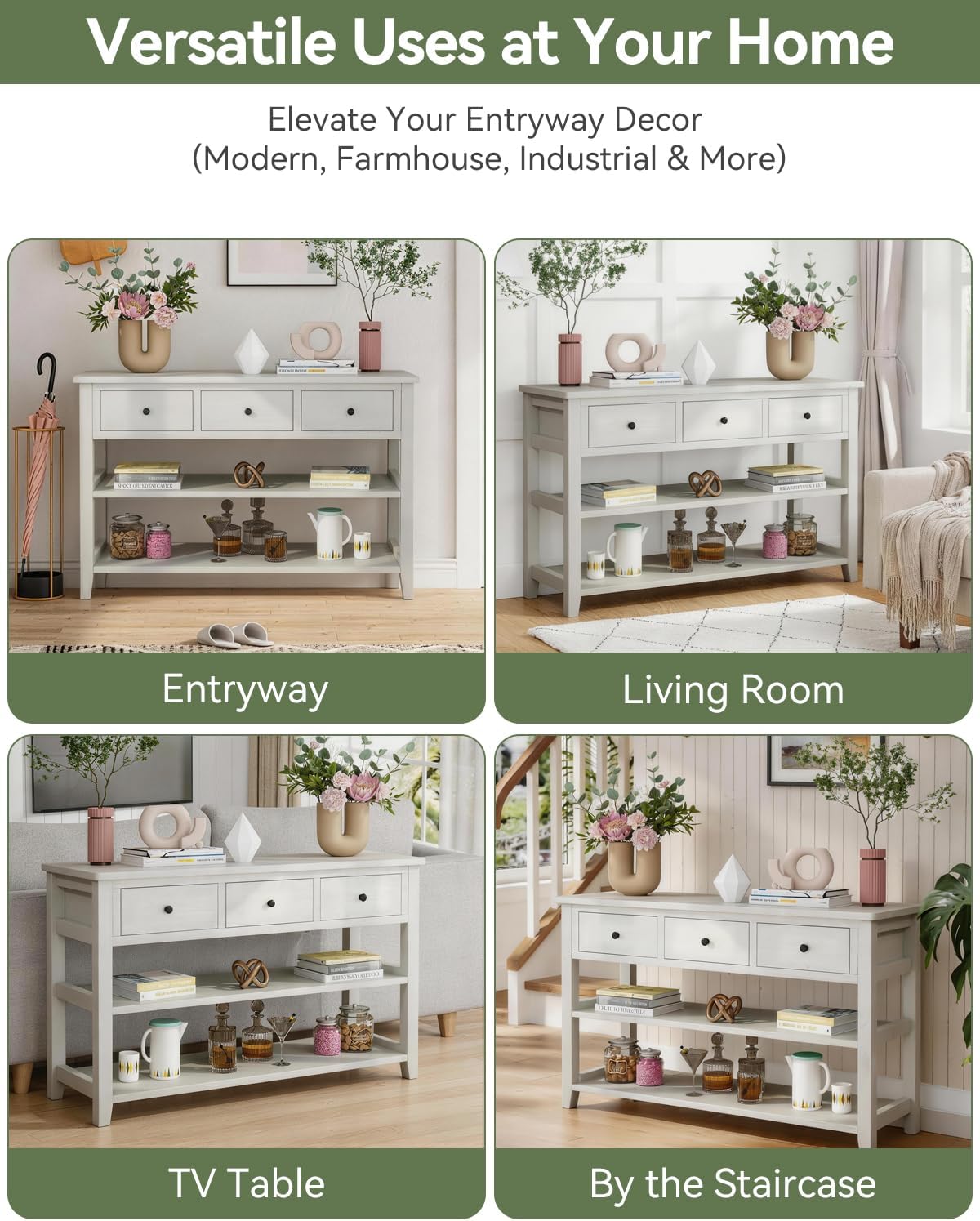 Karl home Console Table Entryway Desk, Sofa Side Table with 3 Drawers 2 Bottom Storage Shelves, Vintage TV Stand for Hallway Living Room Office, Antique White 29.9' H