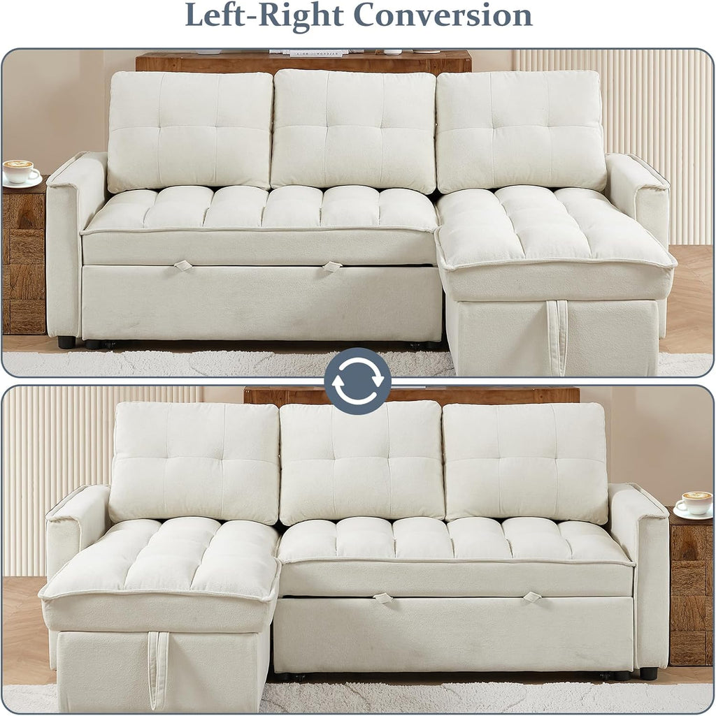 78.75' Sleeper Sofa Couch,Modern L-Shaped Couches, Pull Out Couch with USB Ports&Side Pocket,Sleeper Sectional Sofa for Living Room Apartment,Chenille(Beige)