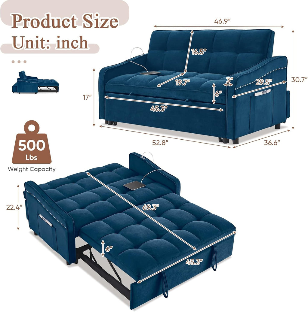 Antetek 3 in 1 Sleeper Sofa Couch Bed with USB & Type C Port, 52' Small Modern Convertible Tufted Velvet Loveseat Sofa w/Pull Out Bed for Living Room Small Space Apartment, Blue