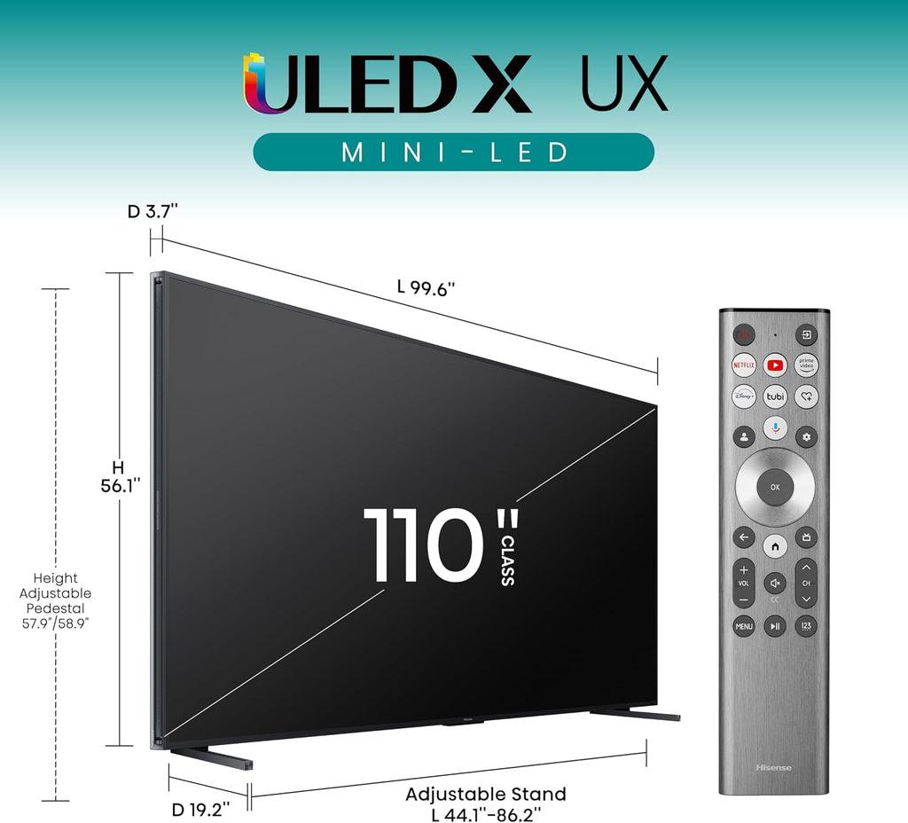 Hisense 110' Mini-LED Premium Flagship ULED X Series 4K UHD Google Smart TV (110UX) - MiniLED X, Up to 10k Brightness, QLED, 144Hz, Dolby Vision Atmos, HDR10+, 4.2.2 Ch Audio, Voice Control, Alexa