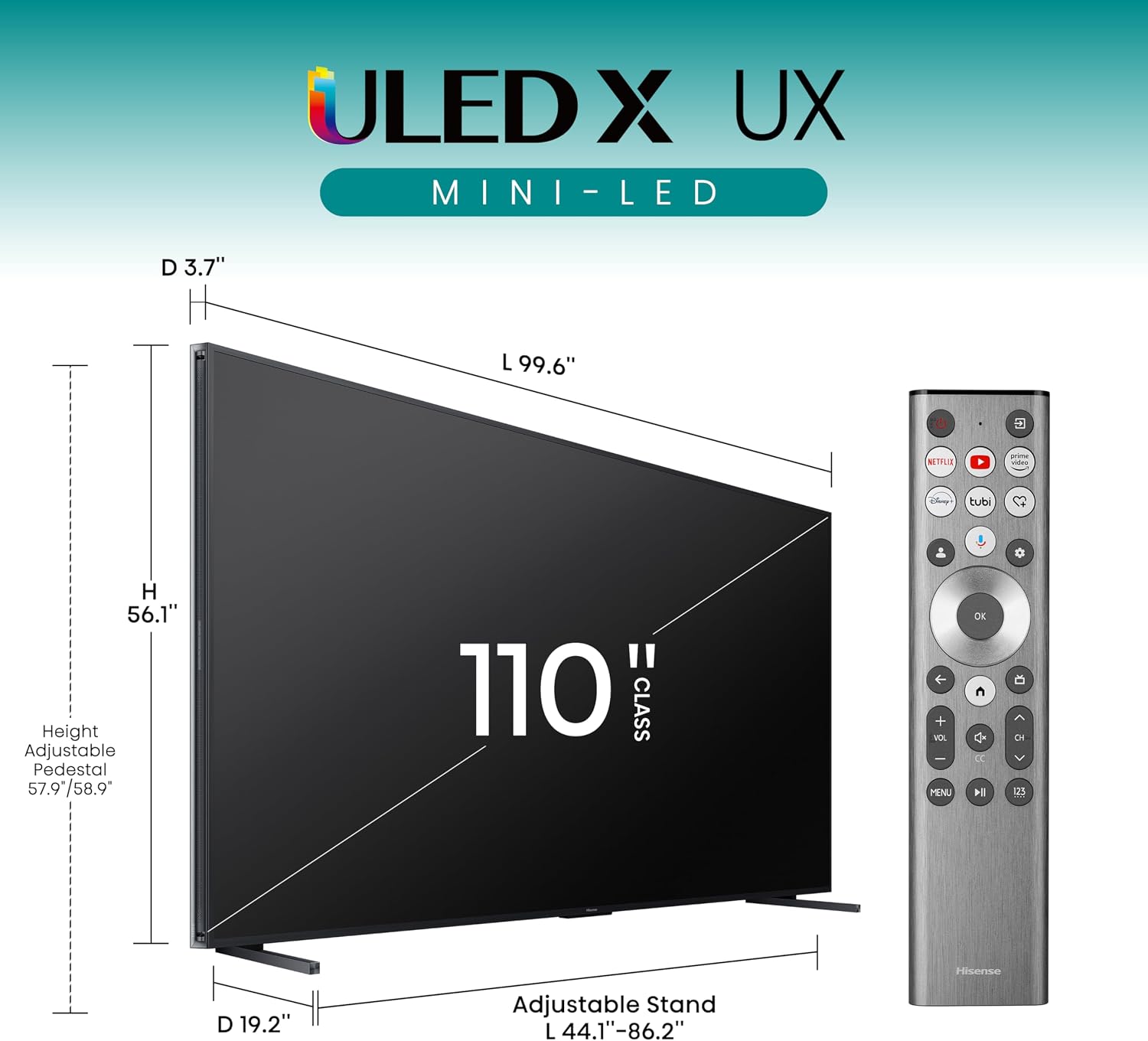 Hisense 110' Mini-LED Premium Flagship ULED X Series 4K UHD Google Smart TV (110UX) - MiniLED X, Up to 10k Brightness, QLED, 144Hz, Dolby Vision Atmos, HDR10+, 4.2.2 Ch Audio, Voice Control, Alexa