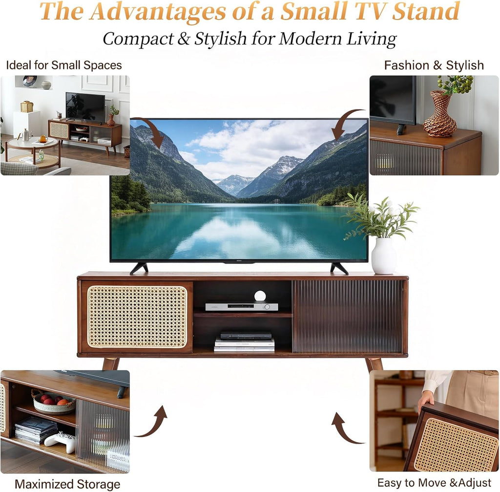 Tiita Rattan TV Stand for 55 Inch TV, Bamboo TV Cabinet with Adjustable Shelf and Storage, Boho Entertainment Center, Mid Century Modern Media Console for Bedroom, Living Room, Study, Walnut